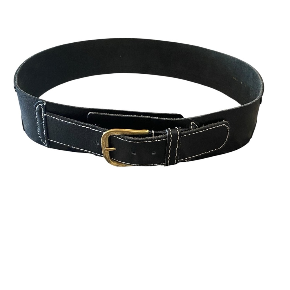 Vintage Dame Black Authentic Leather Belt white stitching Brass gold Buckle